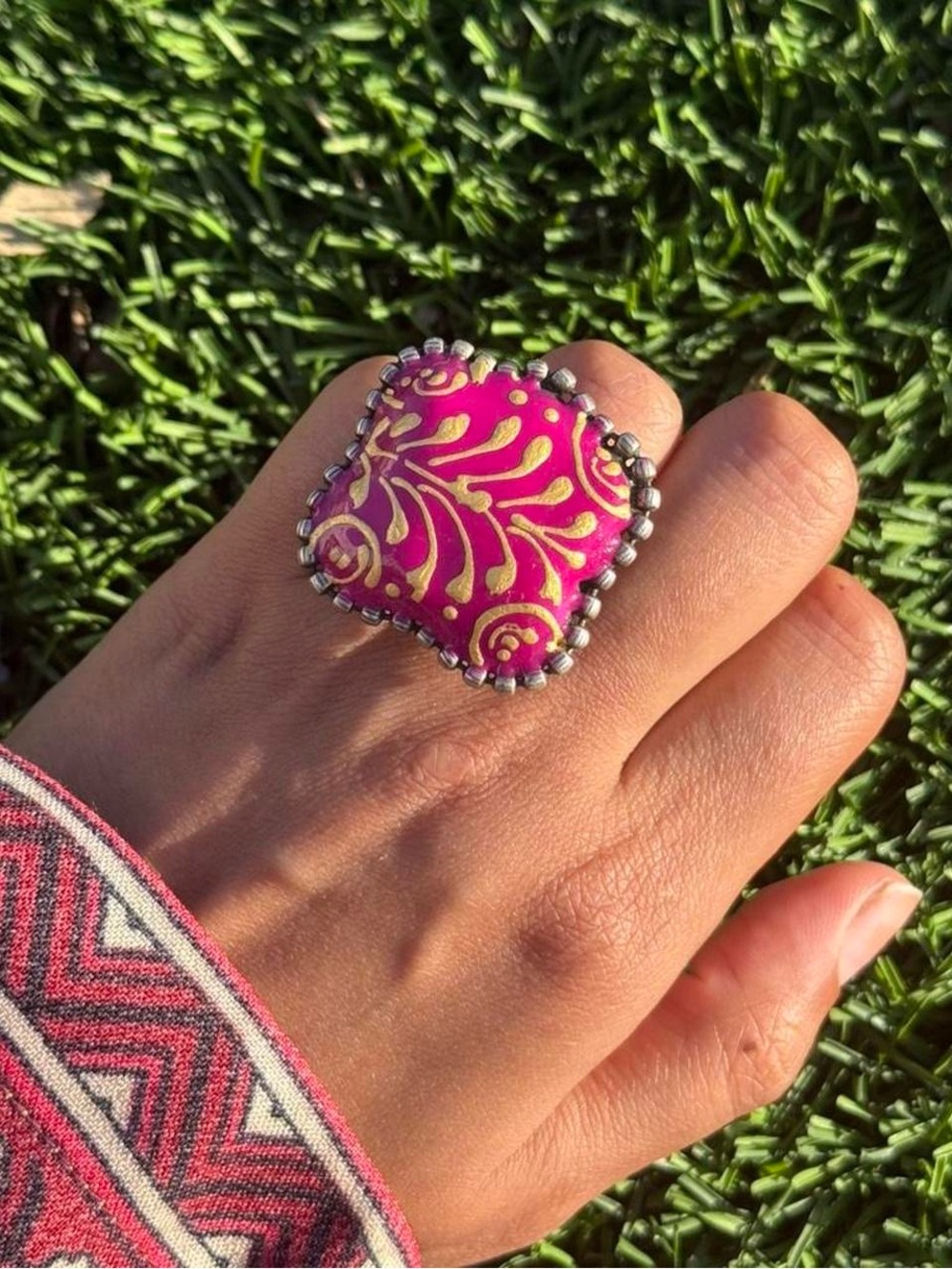 New | Indian Hand-painted Magenta Oxidized Adjustable Ring